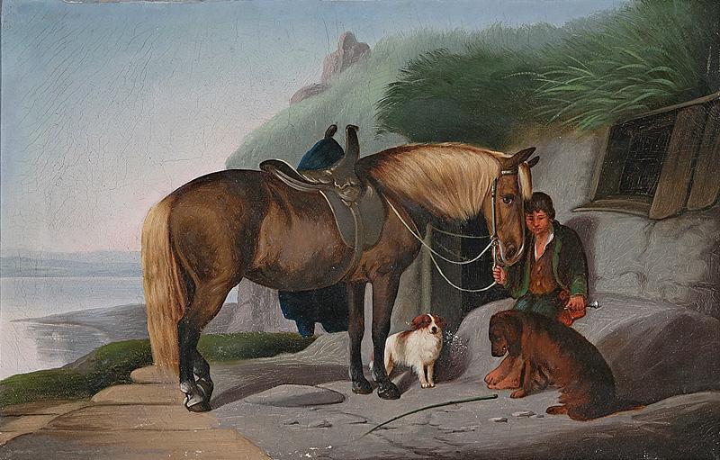British School, early 20th c: British School, early 20th c ., "Waiting for their Lady", oil on canvas, unsigned, 14 in. x 22 in., framed . Condition Report: Surface dirt; craquelure and small losses throughout; significant stainin