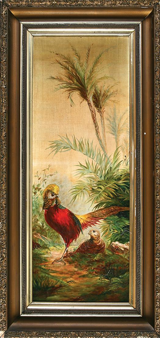 British School, early 20th c: British School, early 20th c ., "Red Bird" and "Blue Bird", 2 oils on velvet, each unsigned, 35 1/4 in. x 13 in., both framed. (2 pcs.) . Condition Report: Toning of velvet; scattered accretions; abra