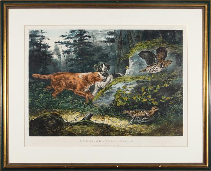 Currier & Ives Publisher: Currier & Ives Publisher , "Retrieving", "Flush'd", "A Chance for Both Barrels" and "On a Point", 1857, 4 hand-colored lithographs, set printed as American Field Sports, after Arthur Fitzwilliam Tait 
