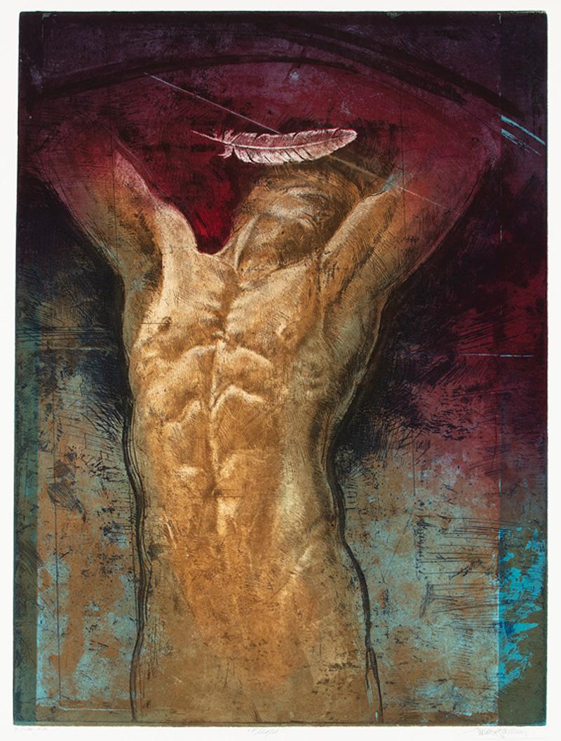 Trevor J. Southey (Zimbabwean/American): Trevor J. Southey (Zimbabwean/American, 1940-2015) , "Flight", intaglio on paper, pencil-signed, titled and inscribed "5/100 EV" lower margin, sheet 39 in. x 26 1/8 in., matted . Condition Report: Rag