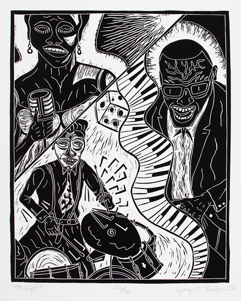 George D. Davidson III (American/Georgia): George D. Davidson III (American/Georgia, b. 1952) , "7th Sight", linocut on paper, pencil-signed, titled and numbered "26/40" lower margin, sheet 30 in. x 22 1/4 in., unframed . Condition Report: Pri