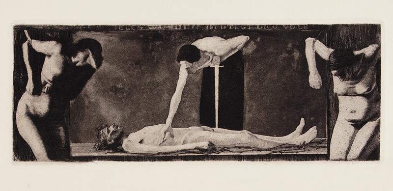 Käthe Kollwitz (German, 1867-1945): Käthe Kollwitz (German, 1867-1945) , "From Many Wounds You Bleed, Oh People", later print of an 1896 etching and aquatint, unsigned, "AVBECKE MUENCHEN 22" blind stamp lower right of image, pencil-ins