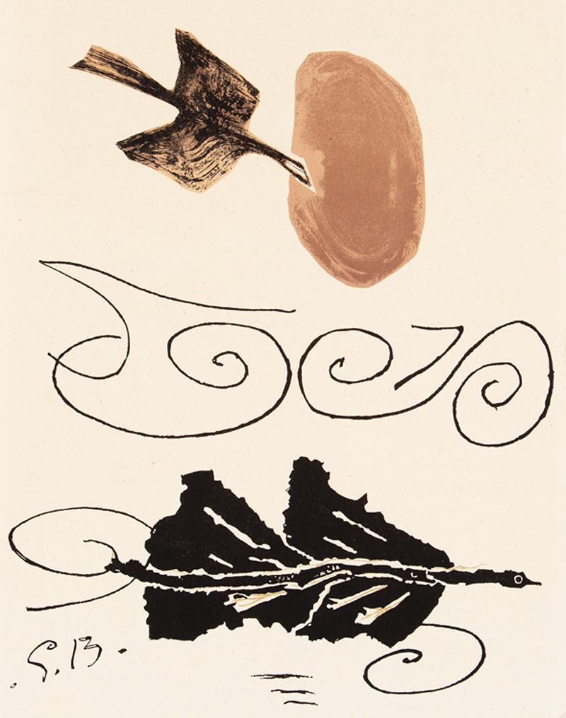 After Georges Braque (French, 1882-1963): After Georges Braque (French, 1882-1963) , "L'Oiseau Traversant un Nuage", 1956, lithograph on paper, initialed in plate, from Derriere Le Miroir (no. 85-86) with text en verso as published, sheet 14 