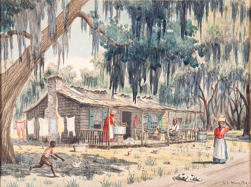 After Edgar Leslie Bloomster (American, 1895-1968): After Edgar Leslie Bloomster (American, 1895-1968) , "Southern Cabin Scene: Washday", hand-colored lithograph, signed in plate, sheet 18 1/8 in. x 24 1/4 in., matted . Condition Report: Laid on board;