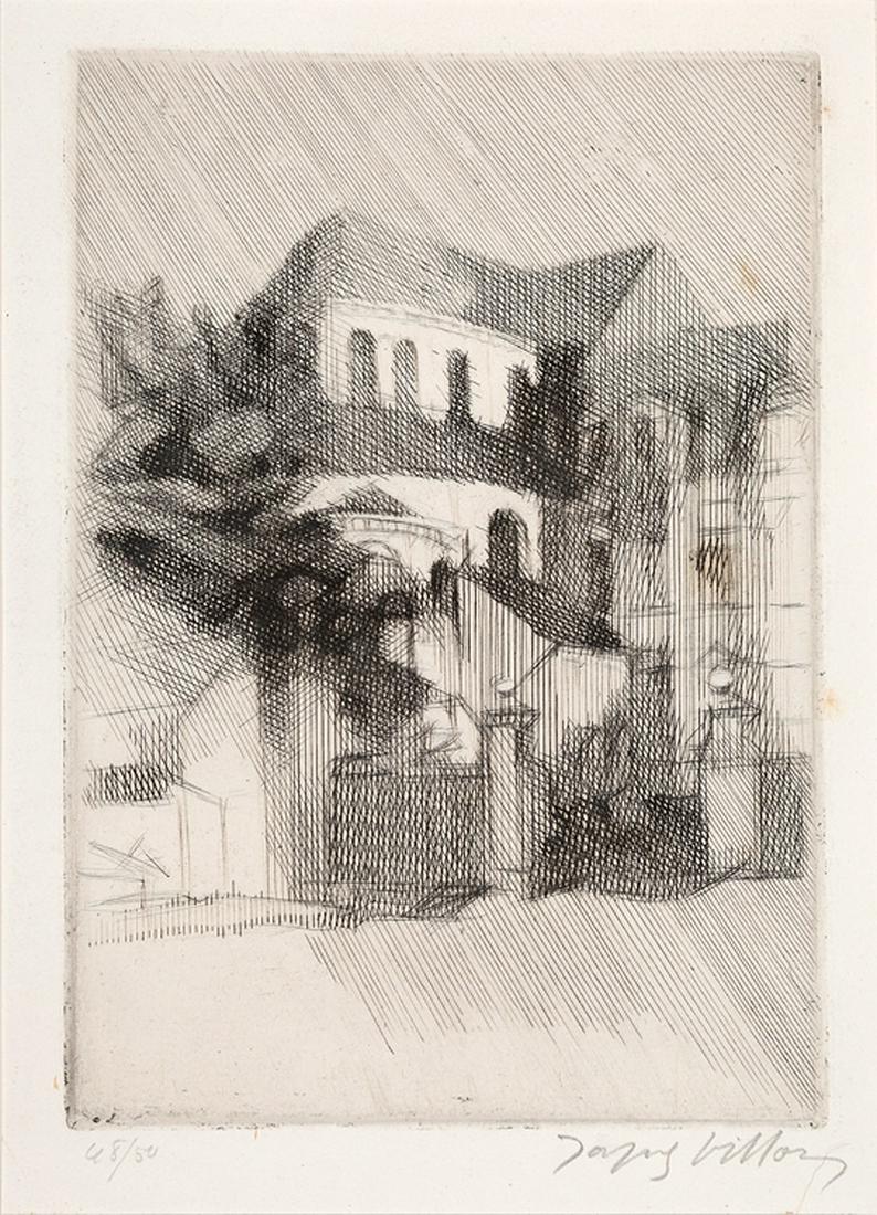 Jacques Villon (French, 1875-1963): Jacques Villon (French, 1875-1963) , "L'Abside de L'église de Beaugency", 1939, etching and drypoint on paper, pencil-signed lower right and numbered "68/50" lower left, "M. Knoedler & Co., N.Y." lab
