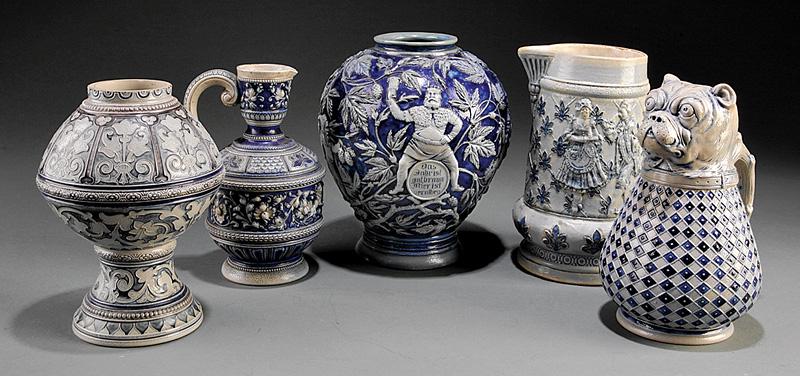 Salt Glazed Cobalt Stoneware Vessels: Five Continental Salt Glazed Cobalt Stoneware Vessels , incl. 2 vases, 2 pitchers and a ewer, various marks, including Merkelbach & Wick, Simon Peter Gerz and Bayley Murray, tallest vase h. 9 in IMPOR