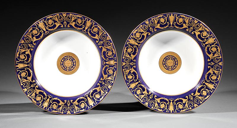 Pair of Minton Porcelain Soup Plates: Pair of Minton Porcelain Soup Plates , early 20th c., marked, ret. Davis Collamore & Co., New York, cobalt and raised gilt border, dia. 10 in . Provenance: Murfee/DeBardeleben Collection, Riverview, C