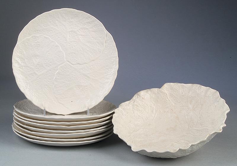 Minton White Salt-Glazed Earthenware Salad Set: Minton White Salt-Glazed Earthenware Salad Set , c. 1970, molded in an allover cabbage leaf design, plate dia. 9 in., bowl dia. 10 in IMPORTANT: All purchases must be removed from our premises within 