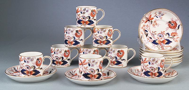 Nine Booths "Fresian" Demitasse Cups and Saucers: Nine Booths "Fresian" Demitasse Cups and Saucers , 20th c., floral decoration in Imari palette with gilt accents, cup h. 1 3/8 in., w. 2 1/4 in., saucer dia. 4 in IMPORTANT: All purchases must be remo
