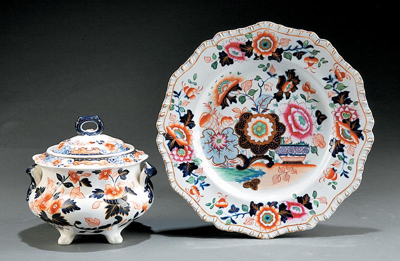 Hicks & Meigh Ironstone Scalloped Dinner Plate: Antique Hicks & Meigh Ironstone Scalloped Dinner Plate , Royal Arms' mark, polychrome, transfer and gilt decoration, dia. 10 1/2 in.; together with ironstone covered tureen in the Imari palette, w. 6 