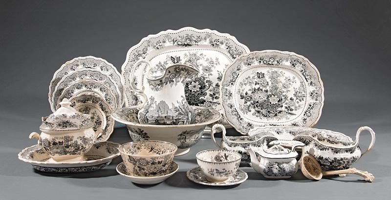 Staffordshire Ironstone Partial Dinner Service: Staffordshire Black Transfer-Decorated Ironstone Partial "Tuscan Rose" Dinner Service , c. 1818-34, most marked, incl. tureen; ladle; 2 gravy boats; 5 serving trays, largest l. 9 in.; 2 bowls; 2 dinne