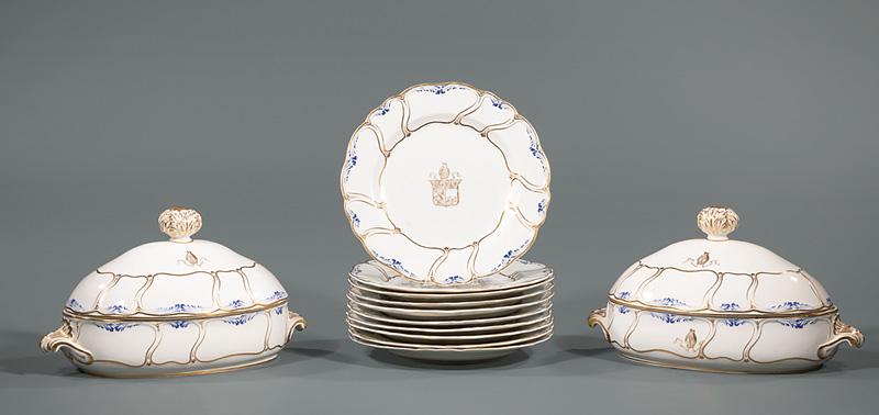 Bloor Derby Armorial Partial Dinner Service: Bloor Derby Armorial Porcelain Partial Dinner Service , c. 1820-1840, with bishop's mitre crest, incl. pair of covered vegetable tureens, h. 7 1/4 in., l. 13 1/4 in., d. 7 3/4 in., and 10 plates, dia.