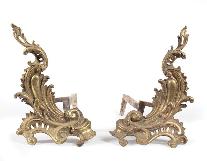 Pair of French Rococo-Style Gilt Bronze Chenets: Pair of Antique French Rococo-Style Gilt Bronze Chenets , 19th c., h. 13 in., w. 9 in IMPORTANT: All purchases must be removed from our premises within 15 days of the auction. Any items not picked up 