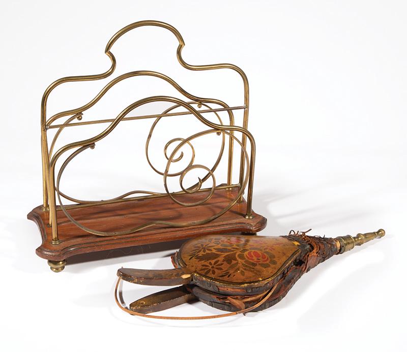 Brass and Wood Magazine Rack: Brass and Wood Magazine Rack , early 20th c., brass scroll work sides, shaped wood base, brass bun feet, . 14 1/4 in., w. 14 3/4 in., d. 7 in.; together with painted wood and brass bellows , l. 19 1/4