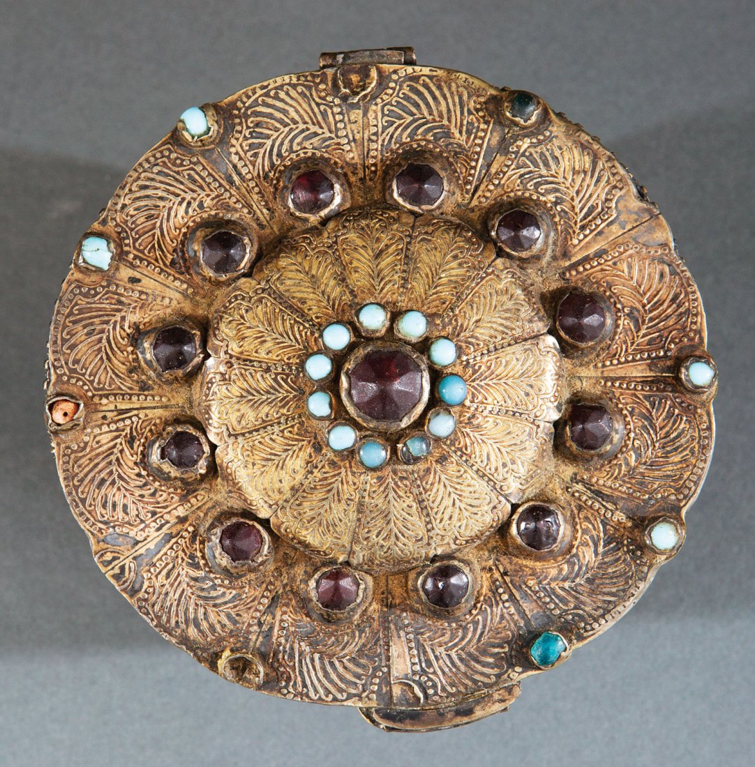 Israeli Maskit Hardstone Embellished Canister: Vintage Israeli Maskit Hardstone Embellished Metal Canister , cylindrical body with gem embellished hinged foliate lid, base marked "Maskit/Israel", h. 5 5/8 in., w. 4 5/8 in IMPORTANT: All purchases 