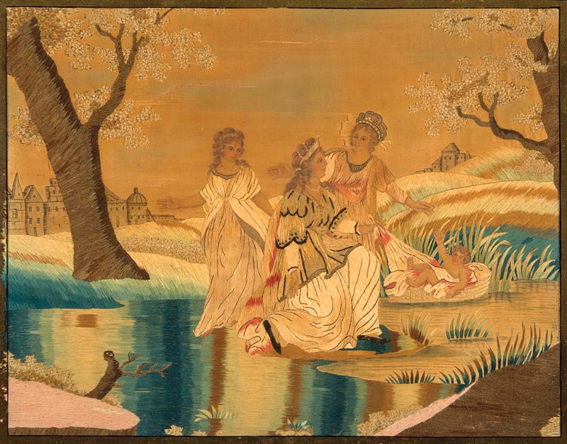 Silk Embroidery Panel: Silk Embroidery Panel , 19th c., worked in polychrome satin stitch with "Moses in the Bullrushes", sight 14 1/4 in. x 18 1/2 in., framed with eglomise mat IMPORTANT: All purchases must be removed from