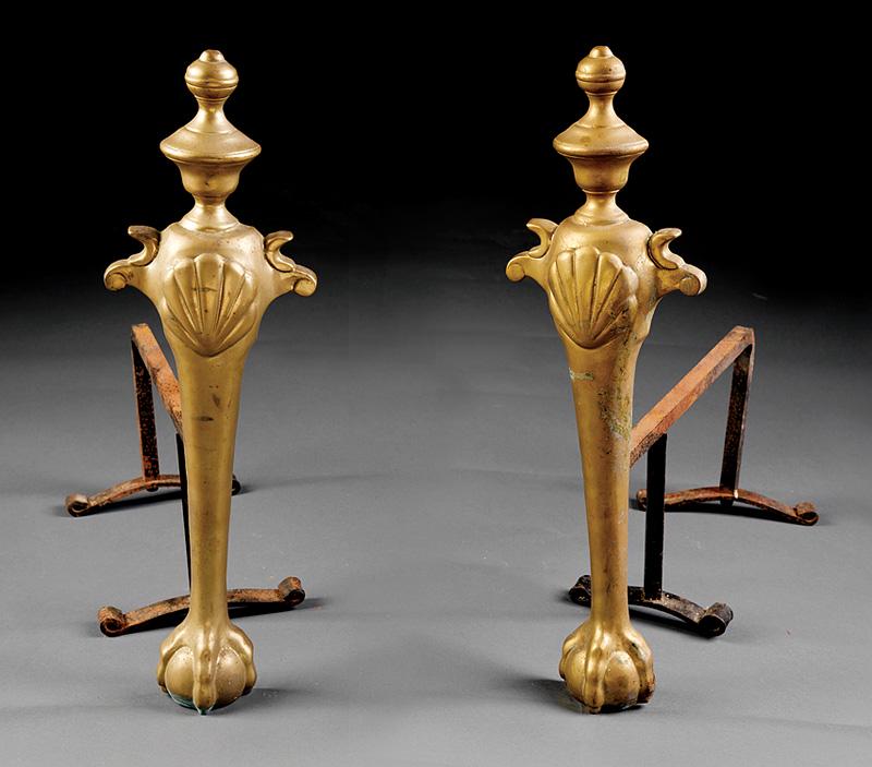 Pair of English Brass Andirons: Pair of Antique English Brass Andirons , finialed tapered shafts with scalloped shells, ball and claw feet, h. 21 in., w. 7 in., d. 19 1/2 in IMPORTANT: All purchases must be removed from our premises