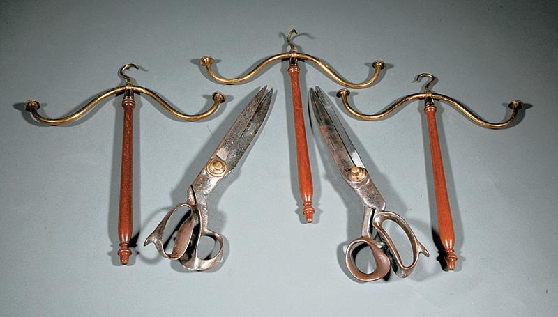 Pair of Large English Steel and Brass Shears: Pair of Large Antique English Steel and Brass Shears , 19th c., marked "Wilkinson & Son", l. 15 in.; together with three brass and mahogany wig hangers, h. 15 1/4 in. (5 pcs.) IMPORTANT: All purchases