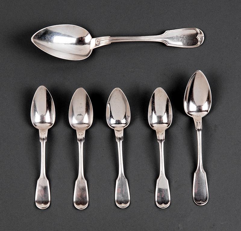 New Orleans "Fiddle Thread" Silver Flatware: Group of New Orleans "Fiddle Thread" Silver Flatware , ret. A.B. Griswold, wc. 1865-1906, by Wood & Hughes, New York, wc. 1845-1899, incl. tablespoon, dessert spoon, and 4 teaspoons, combined wt. 5.95