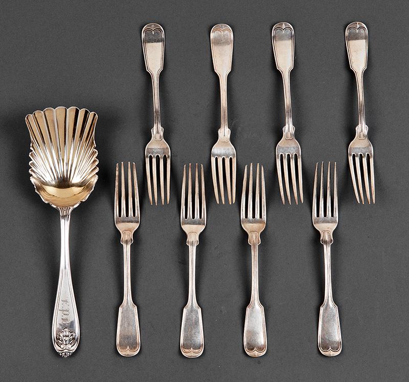 Group of Antebellum Coin Silver Flatware: Group of Antebellum Coin Silver Flatware , incl. 8 "Fiddle Thread" luncheon forks, ret. Gregor & Wilson, New Orleans, wc. 1856-1858; by Theodore Evans & Co., New York, wc. 1855-1865; and a "Josephine"