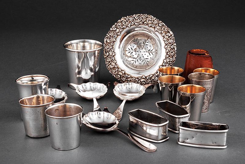 Group of Small Sterling Silver Objects: Group of Small Sterling Silver Objects , incl. 4 jiggers, tea strainer and 3 napkin rings; together with 4 silverplate cafe royale spoons, nest of 4 small shot beakers and one other, total wt. (weigha