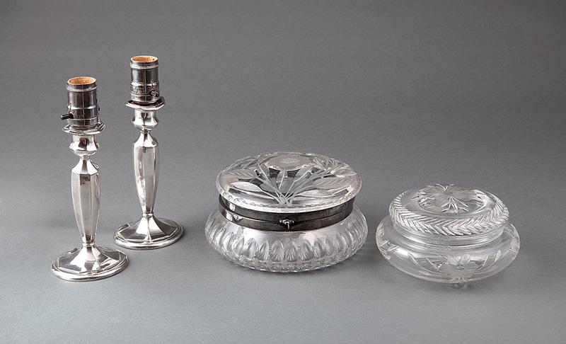 Pair of Silverplate Candlestick Lamps: Pair of Silverplate Candlestick Lamps , h. 6 1/2 in.; together with 2 cut glass dresser boxes, dia. 7 1/2 in. and 6 1/4 in. (4 pcs.) Provenance: Estate of Jane and Stewart Maunsell IMPORTANT: All purc
