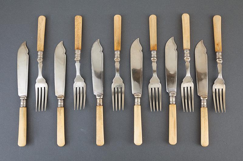English Silverplate Fish Forks & Knives: Six Antique English Bone Handled Silverplate Fish Forks and Knives , marked EPNS, fork l. 7 5/8 in., knife l. 8 1/4 in.., fitted case marked "Crawford's/ (Late Linscott's)/ The Centre/ Burnley", h. 1 
