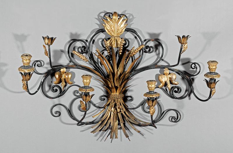 French Carved Giltwood and Wrought Iron Sconce: French Carved Giltwood and Wrought Iron Four-Light Sconce , 20th c., wheat sheaf standard, scrolled backplate and candlearms, h. 25 in., w. 35 in., d. 7 1/2 in IMPORTANT: All purchases must be removed