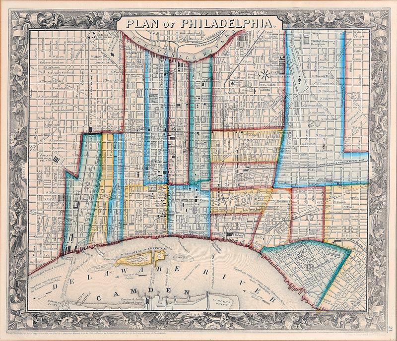Hand-Colored Engraved Map of Philadelphia: Antique Hand-Colored Engraved Map of Philadelphia , 1860, by Augustus Mitchell, sight 11 3/4 in. x 13 in., framed IMPORTANT: All purchases must be removed from our premises within 15 days of the aucti