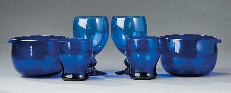 Group of Cobalt Glass Tableware: Group of Cobalt Glass Tableware , incl. 10 goblets, h. 5 1/2 in.; 10 wine rinsers, h. 3 1/8 in., w. 6 in.; and 4 tumblers, h. 3 3/4 in.; together with clear glass swan-form bon bon dish, h. 10 3/8 in.