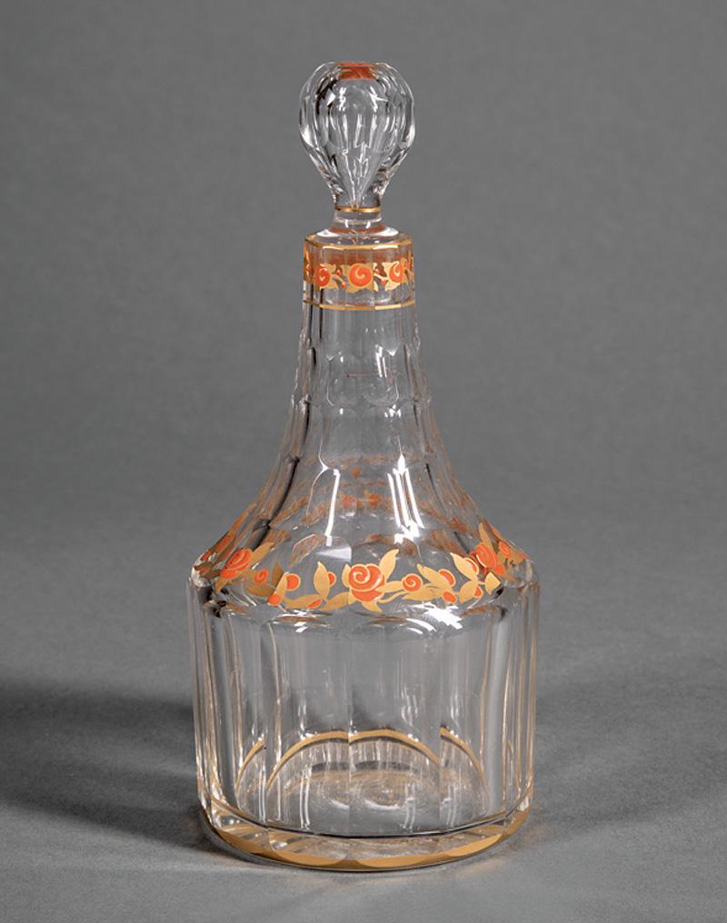 Daum Enamel and Glass Decanter: Daum Enamel and Glass Decanter , c. 1890, marked in gilt "Daum Nancy" with Croix de Lorraine, and etched "France", faceted, foliate design, h. 8 in., dia. 3 1/2 in IMPORTANT: All purchases must be rem