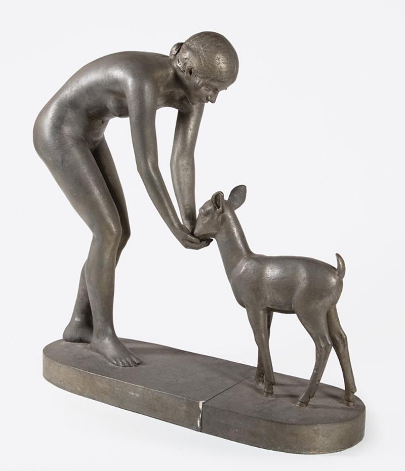 Fritz Franz Engel (German/American, 1877-1956): Fritz Franz Engel (German/American, 1877-1956) , "Fawn Drinking from Woman's Hands", lead fountain, unsigned, in 2 pieces with individual self-bases, fawn fitted as fountain, h. 27 1/2 in., w. 28 in.,