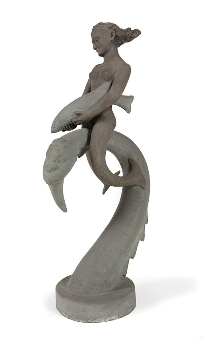 Fritz Franz Engel (German/American, 1877-1956): Fritz Franz Engel (German/American, 1877-1956) , "Mermaid Carrying Fish, Riding a Sea Serpent", mixed media fountain, unsigned, overall h. 23 1/4 in., w. 9 1/2 in., d. 9 1/2 in . Condition Report: Sur