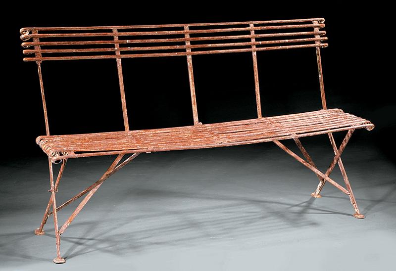 French Wrought Iron Garden Bench: French Wrought Iron Garden Bench , early 20th c., back and seat of tubular rails, stretchered X-form base, h. 35 in., w. 57 in., d. 12 in IMPORTANT: All purchases must be removed from our premises wit