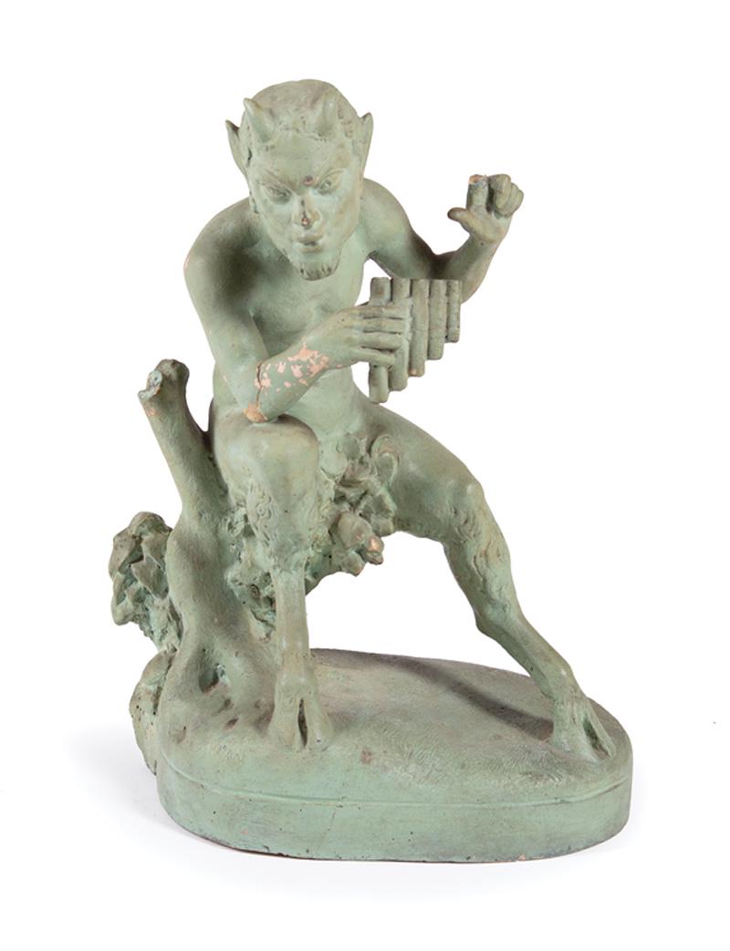 Fritz Franz Engel (German/American, 1877-1956): Fritz Franz Engel (German/American, 1877-1956) , "Pan", painted terracotta, unsigned, h. 12 in., w. 8 in., d. 5 in . Condition Report: Cracked and loose left forearm; missing index finger on right han