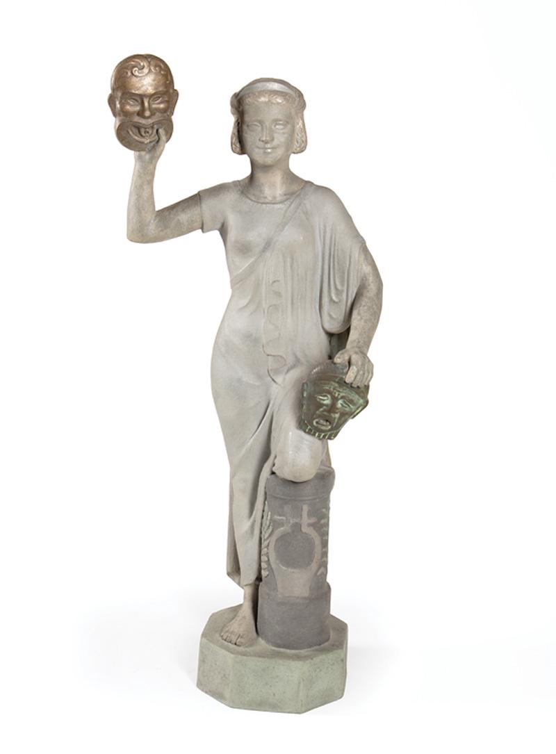 Fritz Franz Engel (German/American, 1877-1956): Fritz Franz Engel (German/American, 1877-1956) , "Muse holding the Thalia and Melpomene Masks", painted mixed media fountain on self-base, unsigned, h. 34 in., w. 15 in., d. 8 in . Condition Report: S