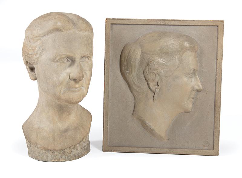 Fritz Franz Engel (German/American, 1877-1956): Fritz Franz Engel (German/American, 1877-1956) , "Portrait of a Lady", painted plaster relief, artist mark lower right, h. 13 1/2 in., w. 12 in., d. 8 in.; and "Bust of a Woman", painted plaster, unsi
