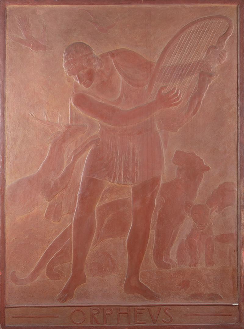 Fritz Franz Engel (German/American, 1877-1956): Fritz Franz Engel (German/American, 1877-1956) , "Orpheus", plaster and mixed media relief, unsigned, handwritten label en verso, h. 66 1/4 in., w. 49 in., d. 1 in . Condition Report: Scattered cracks