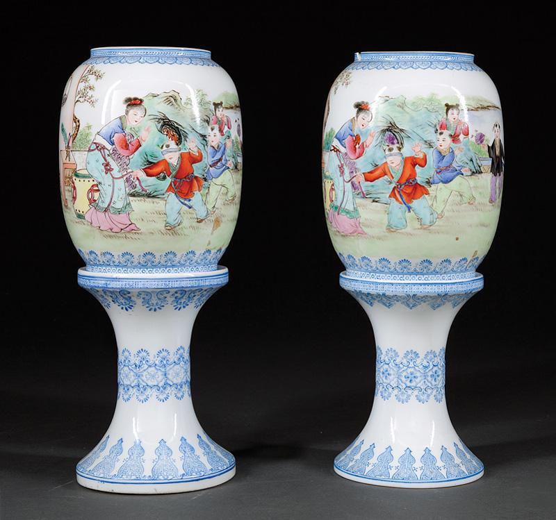 Chinese Famille Rose Eggshell Porcelain Lanterns: Pair of Chinese Famille Rose Eggshell Porcelain Lanterns , probably 20th c., decorated with children playing, tall stem feet, h. 9 7/8 in., note: small losses. (4 pcs.) IMPORTANT: All purchases must b