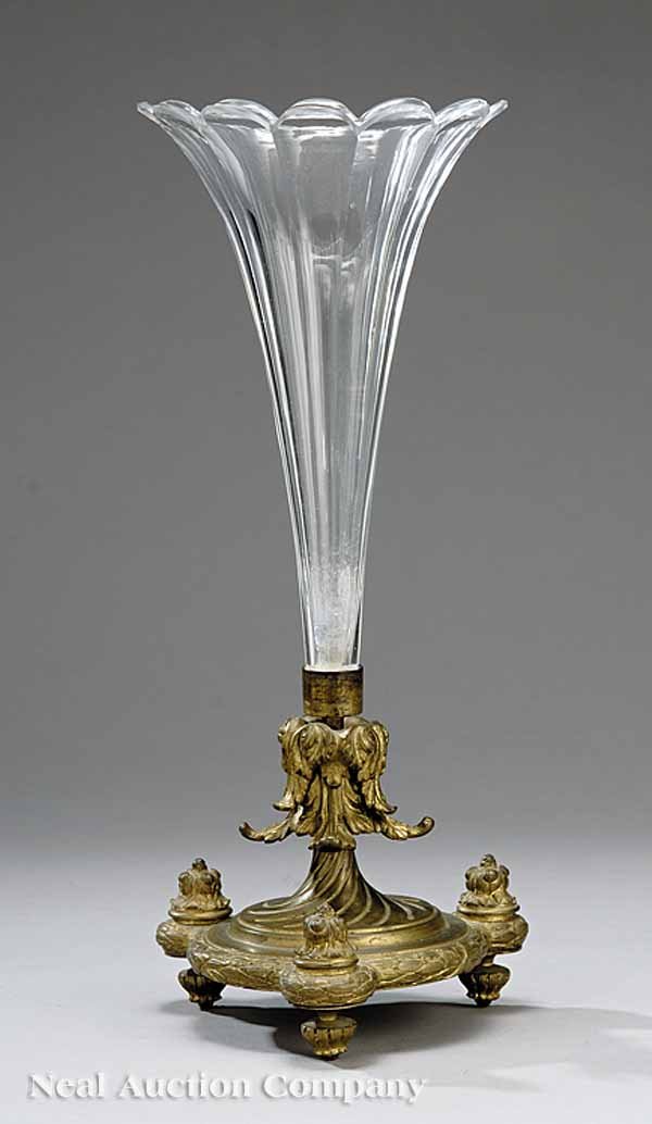 French Bronze and Faceted Crystal Trumpet Vase