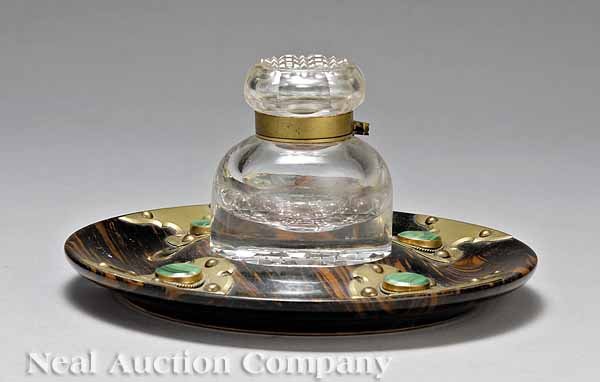 English Brass and Malachite-Mounted Inkwell