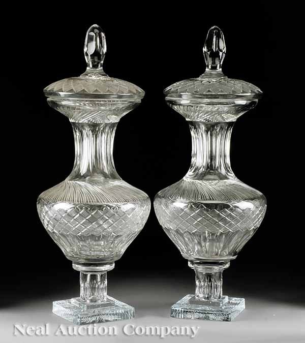 Pair of Continental Cut Crystal Lidded Urns