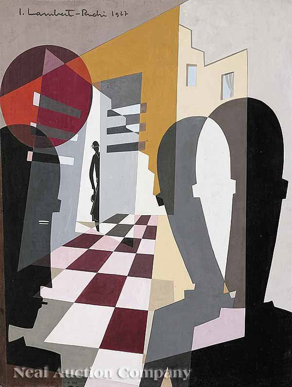 Jean Lambert-Rucki, oil on artist's board: Jean Lambert-Rucki (Polish/French, 1888-1967), "La Visite", oil on artist's board, signed and dated "1927" upper left, inscribed "Atelier Lamberte-Rucki" and titled en verso, 25 1/2 in. x 19 3/4 in.,