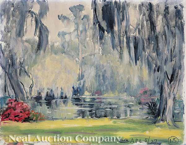 William Posey Silva, oil on canvas: William Posey Silva (Georgia/Tennessee, 1859-1948), "Hanging Moss-Garden of Dreams", oil on canvas affixed to board, signed and dated "APL 5/27", annotated "15" lower right, estate label en verso, Joh