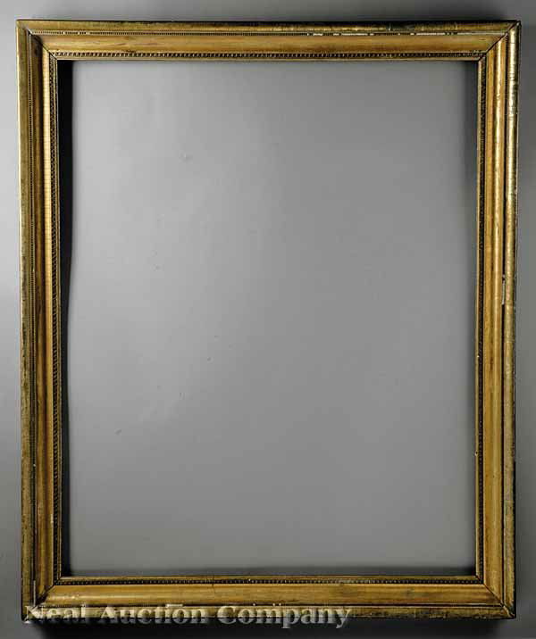 Pair of Carved Giltwood Frames: A Pair of Large Antique Carved Giltwood Frames, c. 1850, molded, with beaded and bellflower inner borders, inside dimensions 50 in. x 39 7/8 in * NO RETURNS ARE ACCEPTED ON THE BASIS OF CONDITION * PL