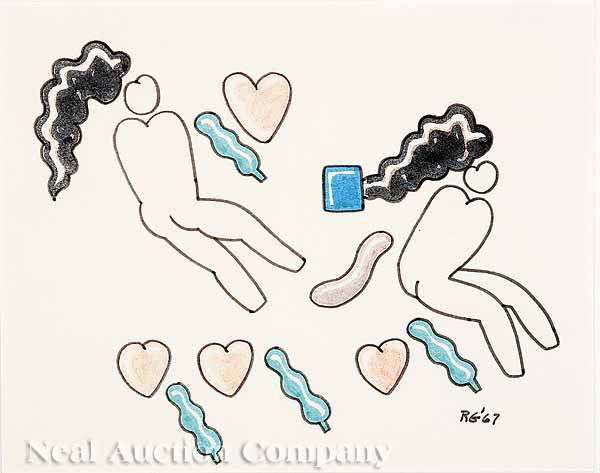 Robert Gordy (American/Louisiana, 1933-1986): Robert Gordy (American/Louisiana, 1933-1986), "Floating Hearts", pen and ink on paper, initialed and dated "67" lower right, sight 7 3/4 in. x 9 3/4 in., attractively matted and framed * NO RETURNS AR
