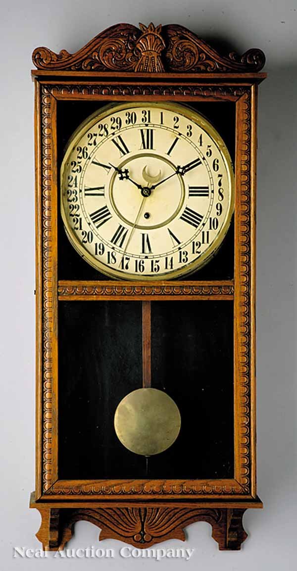 American Carved Oak Calendar Clock