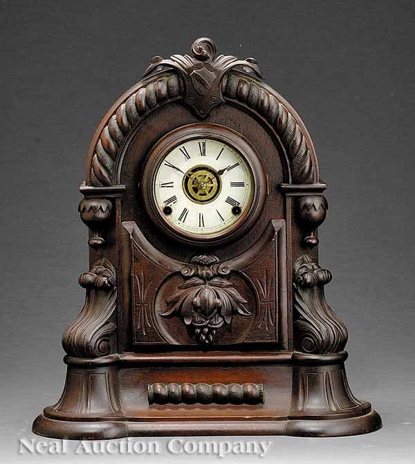 American Carved Walnut Mantel Clock