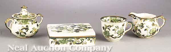 Four Pieces of Mason's Ironstone Tableware: Four Pieces of Mason's "Chartreuse" Pattern Ironstone Tableware, late 19th c., comprising a rectangular lidded box, a creamer, a lidded sugar and a coffee cup, box height 1 7/8 in., width 5 1/2 in., d