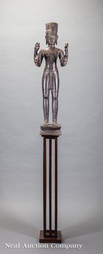 Cambodian/Khmer Bronze Figure of Four-Armed Bodhisattva: Cambodian/Khmer Bronze Figure of a Four-Armed Bodhisattva, h. 37 1/2 in., stand, overall h. 74 in.